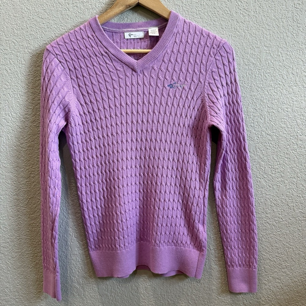 Greg Norman Sweater Women's S Long Sleeve Cable Knit High V-Neck Lilac Purple